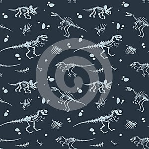 Dinosaur bones pattern. Cartoon seamless texture with prehistoric reptile skeletons. Ancient paleontology fossil