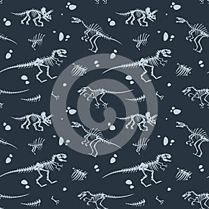 Dinosaur bones pattern. Cartoon seamless texture with prehistoric reptile skeletons. Ancient paleontology fossil photo