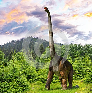 Brachiosaurus against the backdrop of a prehistoric forest.