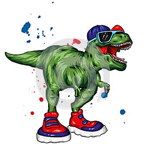 Dinosaur. Bright vector illustration. Cartoon reptile. Tyrannosaur. Print on clothes, drawing for postcards. Hipster.