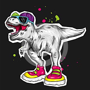 Dinosaur. Bright vector illustration. Cartoon reptile. Tyrannosaur. Print on clothes, drawing for postcards. Hipster.