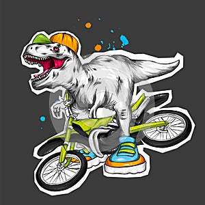 Dinosaur. Bright vector illustration. Cartoon reptile. Tyrannosaur. Print on clothes, drawing for postcards. Hipster.