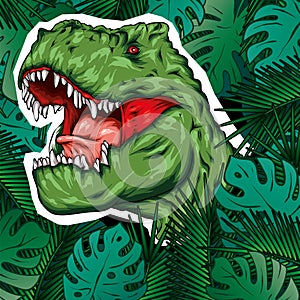 Dinosaur. Bright vector illustration. Cartoon reptile. Tyrannosaur. Print on clothes, drawing for postcards. Hipster.