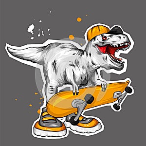 Dinosaur. Bright vector illustration. Cartoon reptile. Tyrannosaur. Print on clothes, drawing for postcards. Hipster. Skater.