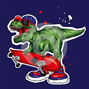 Dinosaur. Bright vector illustration. Cartoon reptile. Tyrannosaur. Print on clothes, drawing for postcards. Hipster. Skater.