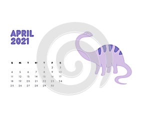 Dinosaur Calendar April 2021 Minimalist