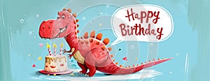 Dinosaur Celebrates With Birthday Cake and Thought Bubble