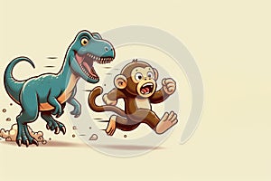 A dinosaur chases a monkey. Space for text.