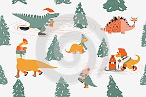 Dinosaur Christmas Set. New Year seamless pattern with cute Dino and other fantastic winter elements.Vector illustration