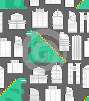 Dinosaur in city pattern seamless. Dino in town background . Dragon and buildings texture. cartoon ornament vector illustration