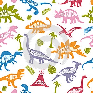 Dinosaur color seamless pattern. Hand drawn vector dinosaurs on white background. Pattern with Tyrannosaurus Rex