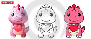 Dinosaur Pink cute cartoon funny character 3 style vecter love theme, 3D vector, line art and 2D vector art photo