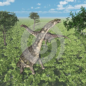 Dinosaur Diamantinasaurus in a landscape