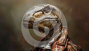 A dinosaur dressed in vintage clothing stands confidently against a muted background photo