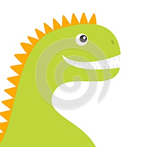 Dinosaur face body. Cute cartoon funny dino baby character. Flat design. Green and orange color. White background. Isolated