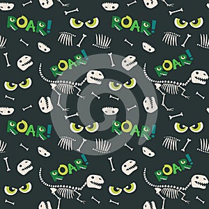 Dinosaur Fossil Bones and Scary Eyes Seamless Pattern Dark Background Vector Illustration