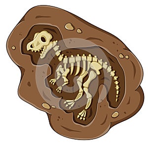 Dinosaur fossil skeleton in the soil, archeological excavation cartoon style