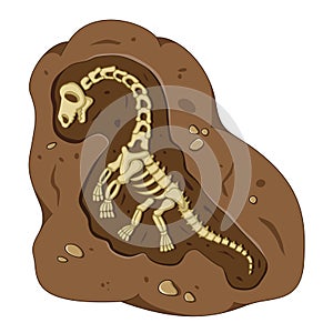 Dinosaur fossil skeleton in the soil, archeological excavation cartoon style