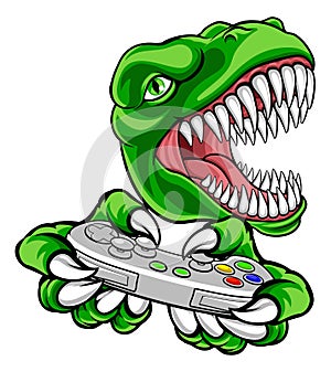 Dinosaur Gamer Video Game Controller Mascot