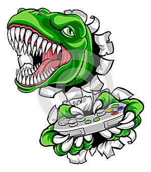 Dinosaur Gamer Video Game Controller Mascot