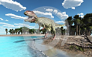 Dinosaur Giganotosaurus at the beach