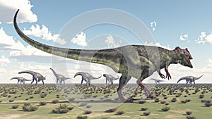 Dinosaur Giganotosaurus and group of Argentinosaurus dinosaurs