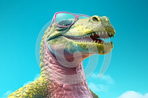 Dinosaur with glasses on blue sky background. 3d illustration