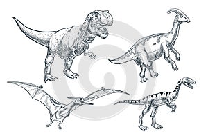 Dinosaur hand drawn sketch illustration. Dino collection, isolated on white background. Vector print design elements