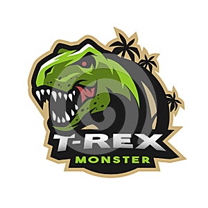 Dinosaur head logo, emblem. T-rex monster.