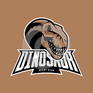 Dinosaur head sport club vector logo concept on brown background.