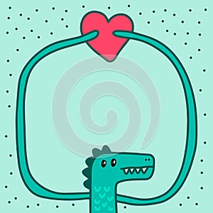 Dinosaur hugs heart hand drawn vector illustration in cartoon comic style for kids banners postcards print