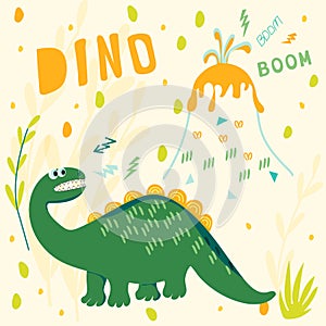 Dinosaur illustration in the style of a comic book. Vector illustration with text for children`s clothing, t-shirts, fabrics, post
