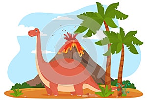 A dinosaur on an island with a volcano. Cartoon cute beautiful dinosaurs. Ancient cold-blooded lizards in children