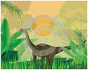 Dinosaur in jungle forest vector design photo