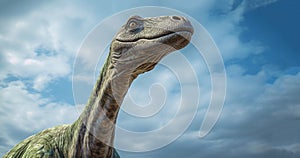 Dinosaur long necked sauropod diermibot breed name Brachiosaurus. A dinosaur eating plants in the Jurassic era in blue