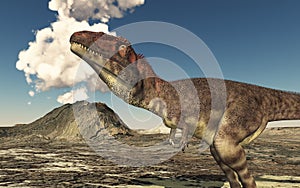Dinosaur Mapusaurus and volcano