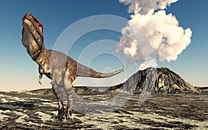 Dinosaur Mapusaurus and volcano