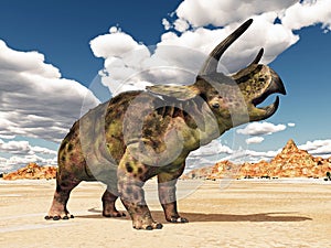 Dinosaur Nasutoceratops in the desert