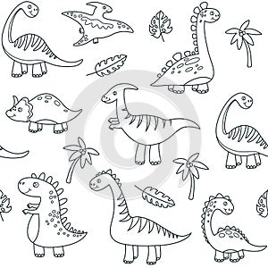 Dinosaur outline seamless pattern. Cute baby dino funny brontosaurus monsters jurassic animals dragon dinosaurs vector