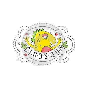 Dinosaur patch badge, cute cartoon yellow animal sticker hand drawn vector Illustration on a white background