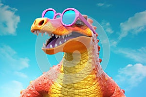 dinosaur with pink glasses on blue sky background. 3d illustration