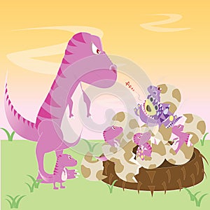 Dinosaur pink mom meet with her children and Mr.Purple bear in Dinosaur costume,Tyrannosaurus with children