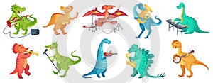 Dinosaur play music. Tyrannosaurus rockstar play guitar, dino drummer and cartoon dinosaurs musicians vector illustration set