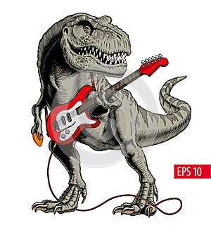 Dinosaur playing electric guitar. Tyrannosaurus or T. rex. Vector illustration