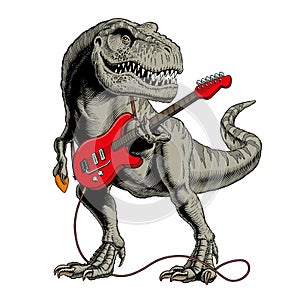 Dinosaur playing electric guitar. Tyrannosaurus vector illustration