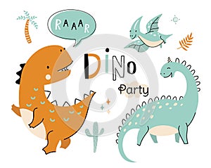 Dinosaur poster for cool kid boy party. Cute dino print t-shirt, art card with funny dinosaurs. Isolated wild