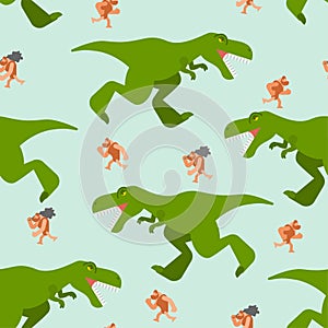 Dinosaur and prehistoric man pattern seamless. T-rex and ancient man background