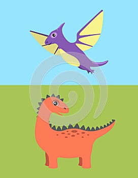 Dinosaur and Pteranodon Set Vector Illustration