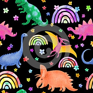 Dinosaur, rainbows, flowers seamless pattern. Cute happy dino for kids design. Watercolor prehistory animals repeating