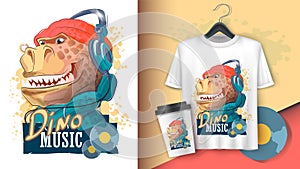 Dinosaur rapper in headphones and a hat. Tyrannosaur, typography slogan. Poster and merchandising. Can be used for print design